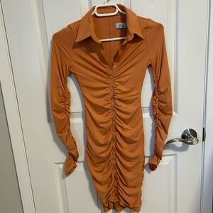 Oh Polly Stay in Paradise Long Sleeve Button Down Ruched Dress in Rust, Size 0.